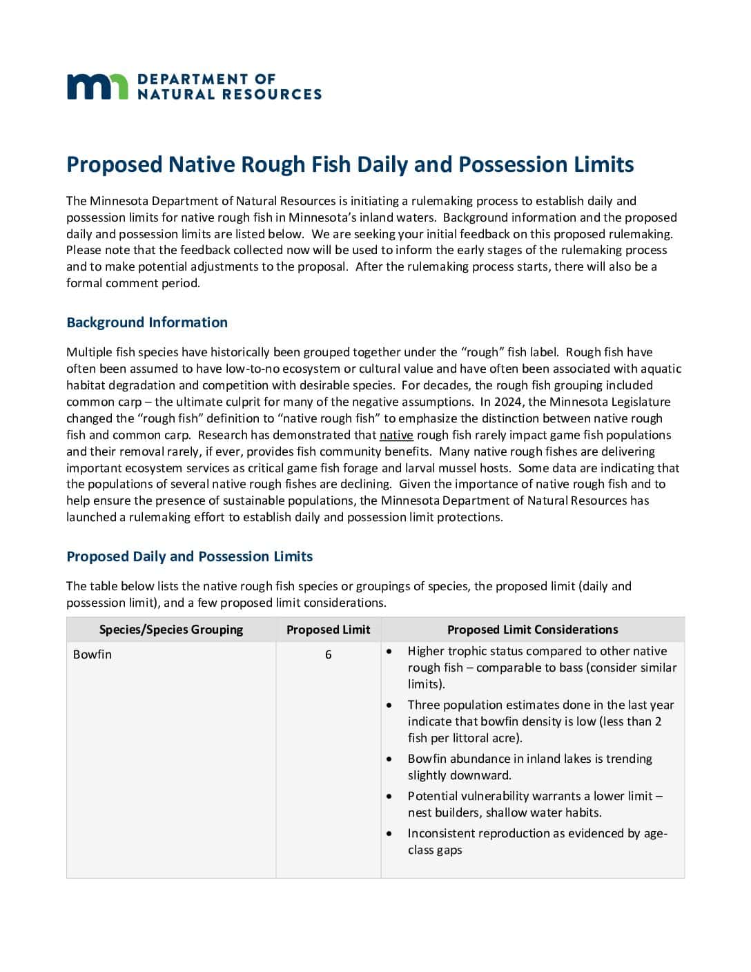 Proposed Native Rough Fish Daily And Possession Limits Proposed Native Rough Fish Daily And Possession Limits Pdf - Minnesota Wildlife Federation